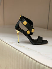 BALMAIN 25S CROSSOVER STRAP HIGH HEELS 95MM IN BLACK CALFSKIN