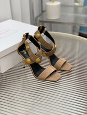 BALMAIN 25S CROSSOVER STRAP HIGH HEELS 95MM IN LIGHT BROWN SUEDE