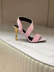 BALMAIN 25S MONETA HEELED SANDALS 95MM IN BABY PINK VELVET