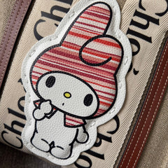 MY MELODY SMALL WOODY TOTE BAG 26.5 IN NATURAL FIBERS BEIGE WEBBING BROWN CALFSKIN