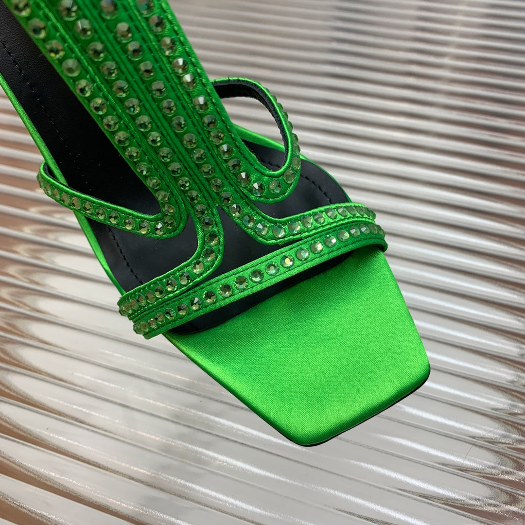 BALMAIN 25S MONETA SANDAL 95MM IN DARK GREEN CALFSKIN WITH CRYSTAL