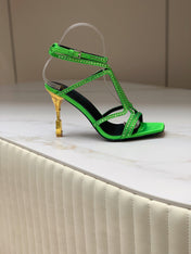 BALMAIN 25S MONETA SANDAL 95MM IN DARK GREEN CALFSKIN WITH CRYSTAL