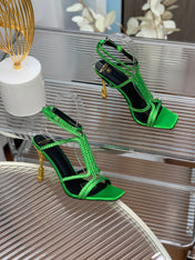 BALMAIN 25S MONETA SANDAL 95MM IN DARK GREEN CALFSKIN WITH CRYSTAL