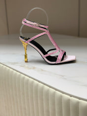 BALMAIN 25S MONETA SANDAL 95MM IN LAVENDER PINK CALFSKIN WITH CRYSTAL