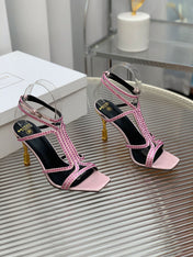 BALMAIN 25S MONETA SANDAL 95MM IN LAVENDER PINK CALFSKIN WITH CRYSTAL