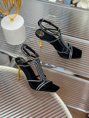 BALMAIN 25S MONETA SANDAL 95MM IN BLACK CALFSKIN WITH CRYSTAL