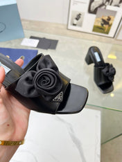 PRA FLOWER BLOCK HEELS 75 BLACK CALFSKIN
