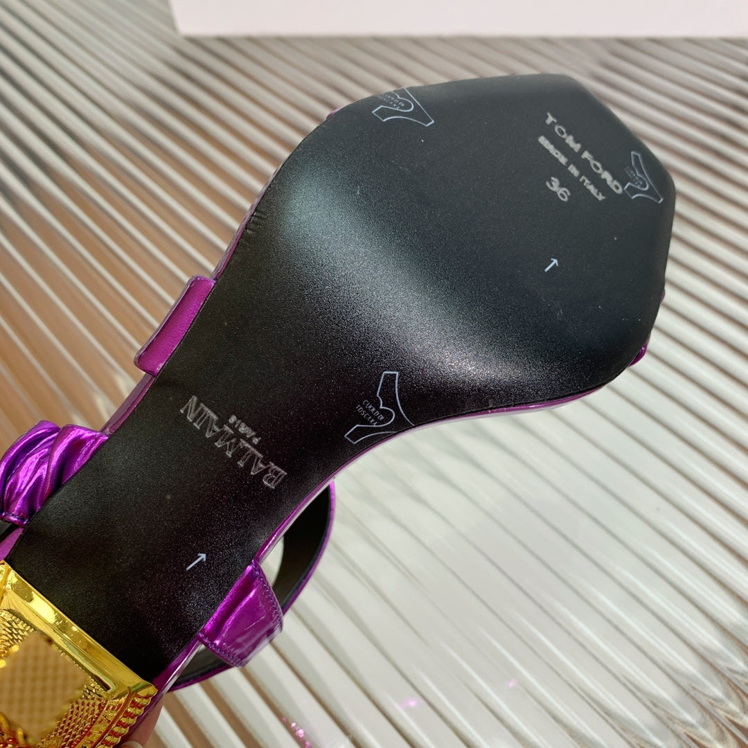 BALMAIN 25S HIGH HEEL SANDALS 95MM IN ROYAL PURPLE GLOSSY CALFSKIN