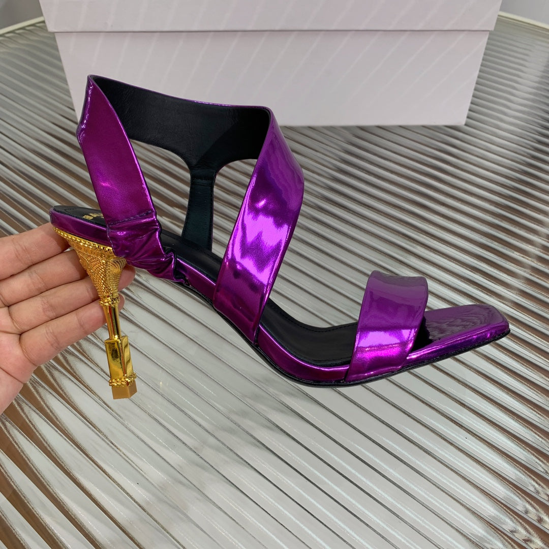 BALMAIN 25S HIGH HEEL SANDALS 95MM IN ROYAL PURPLE GLOSSY CALFSKIN