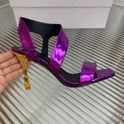 BALMAIN 25S HIGH HEEL SANDALS 95MM IN ROYAL PURPLE GLOSSY CALFSKIN