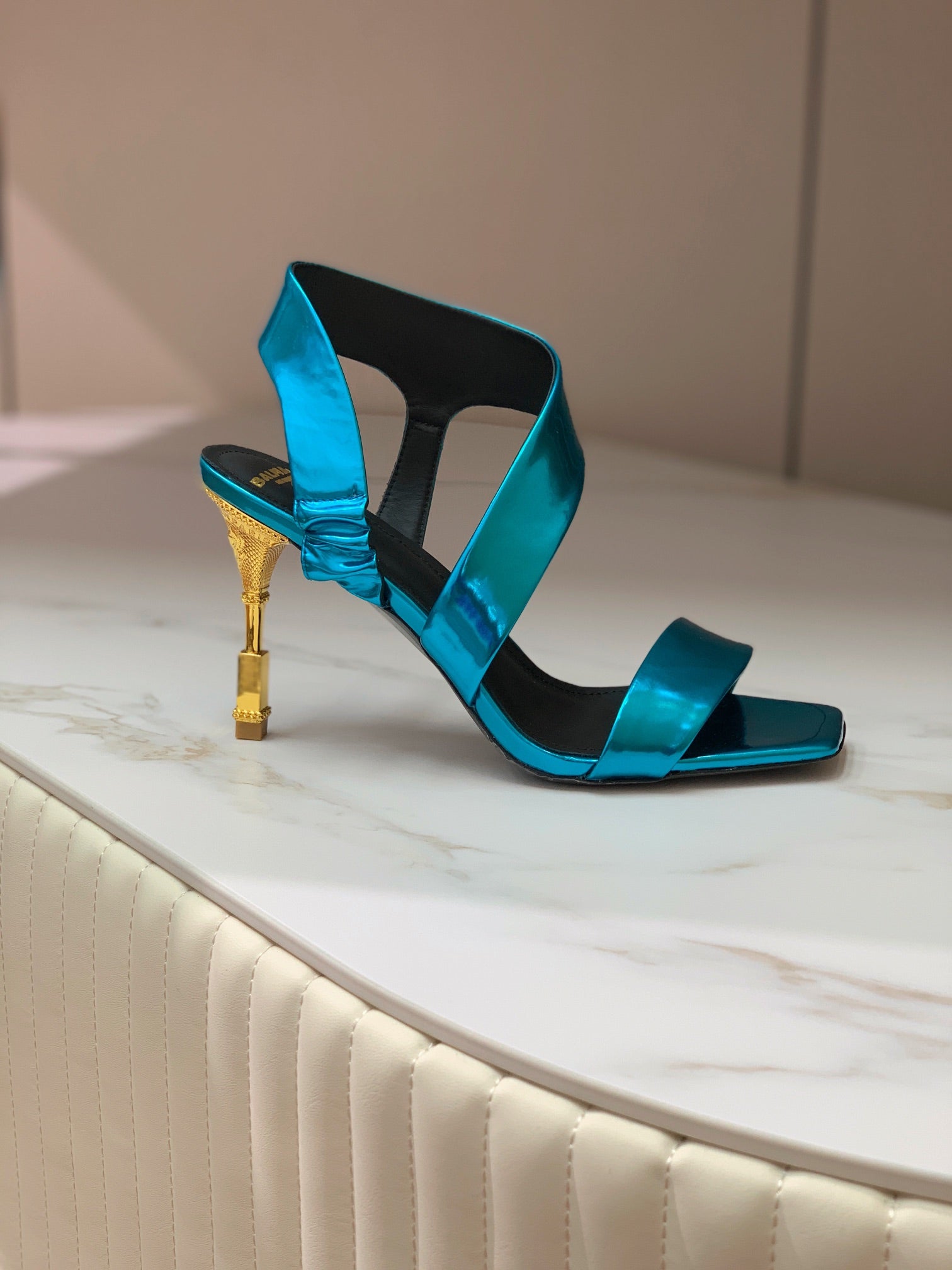 BALMAIN 25S HIGH HEEL SANDALS 95MM IN PETROL BLUE GLOSSY CALFSKIN