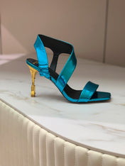BALMAIN 25S HIGH HEEL SANDALS 95MM IN PETROL BLUE GLOSSY CALFSKIN