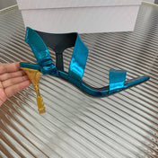 BALMAIN 25S HIGH HEEL SANDALS 95MM IN PETROL BLUE GLOSSY CALFSKIN