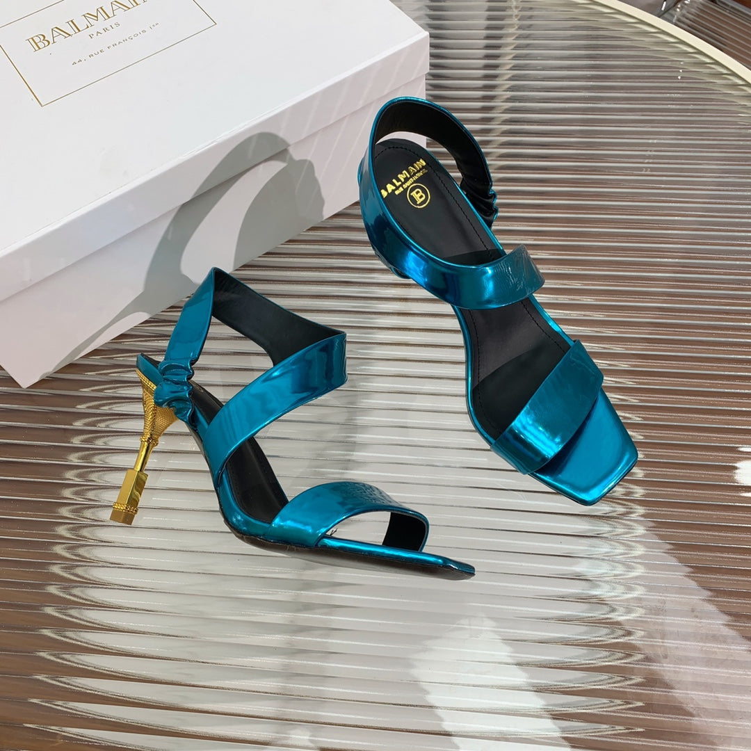 BALMAIN 25S HIGH HEEL SANDALS 95MM IN PETROL BLUE GLOSSY CALFSKIN