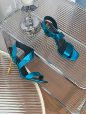 BALMAIN 25S HIGH HEEL SANDALS 95MM IN PETROL BLUE GLOSSY CALFSKIN
