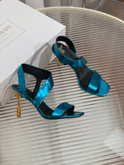 BALMAIN 25S HIGH HEEL SANDALS 95MM IN PETROL BLUE GLOSSY CALFSKIN