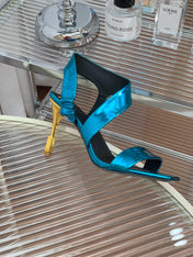 BALMAIN 25S HIGH HEEL SANDALS 95MM IN PETROL BLUE GLOSSY CALFSKIN