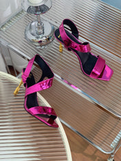 BALMAIN 25S HIGH HEEL SANDALS 95MM IN MAGENTA GLOSSY CALFSKIN