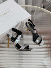 BALMAIN 25S HIGH HEEL SANDALS 95MM IN SILVER GLOSSY CALFSKIN