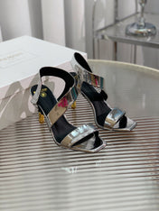 BALMAIN 25S HIGH HEEL SANDALS 95MM IN SILVER GLOSSY CALFSKIN