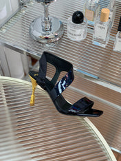 BALMAIN 25S HIGH HEEL SANDALS 95MM IN BLACK GLOSSY CALFSKIN