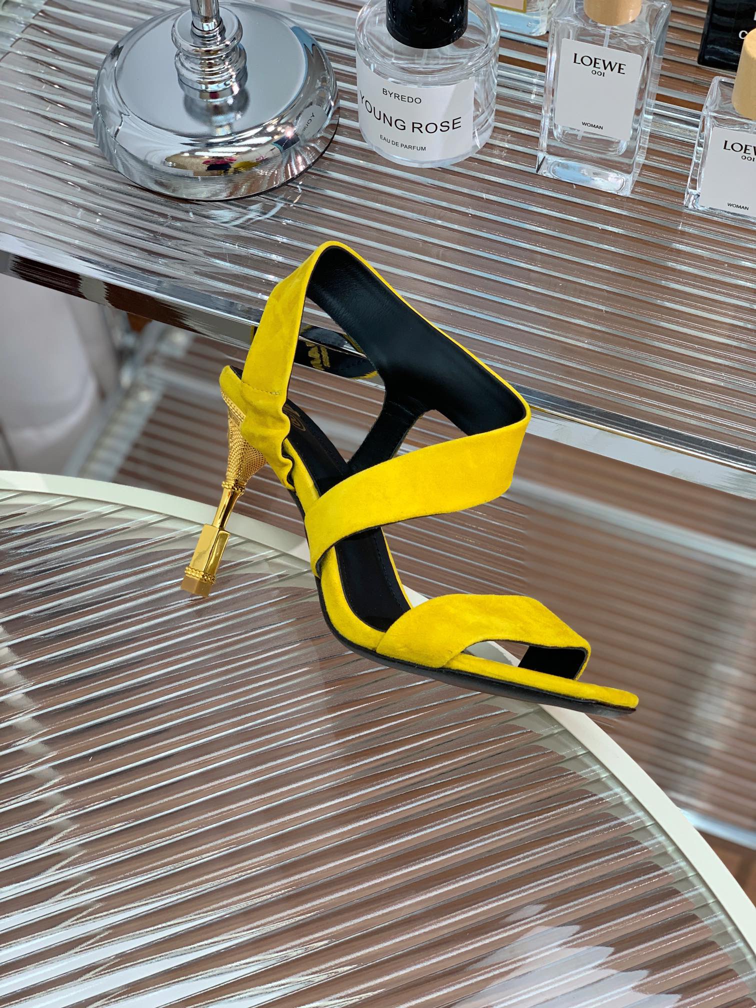 BALMAIN 25S HIGH HEEL SANDALS 95MM IN GOLDEN YELLOW SUEDE