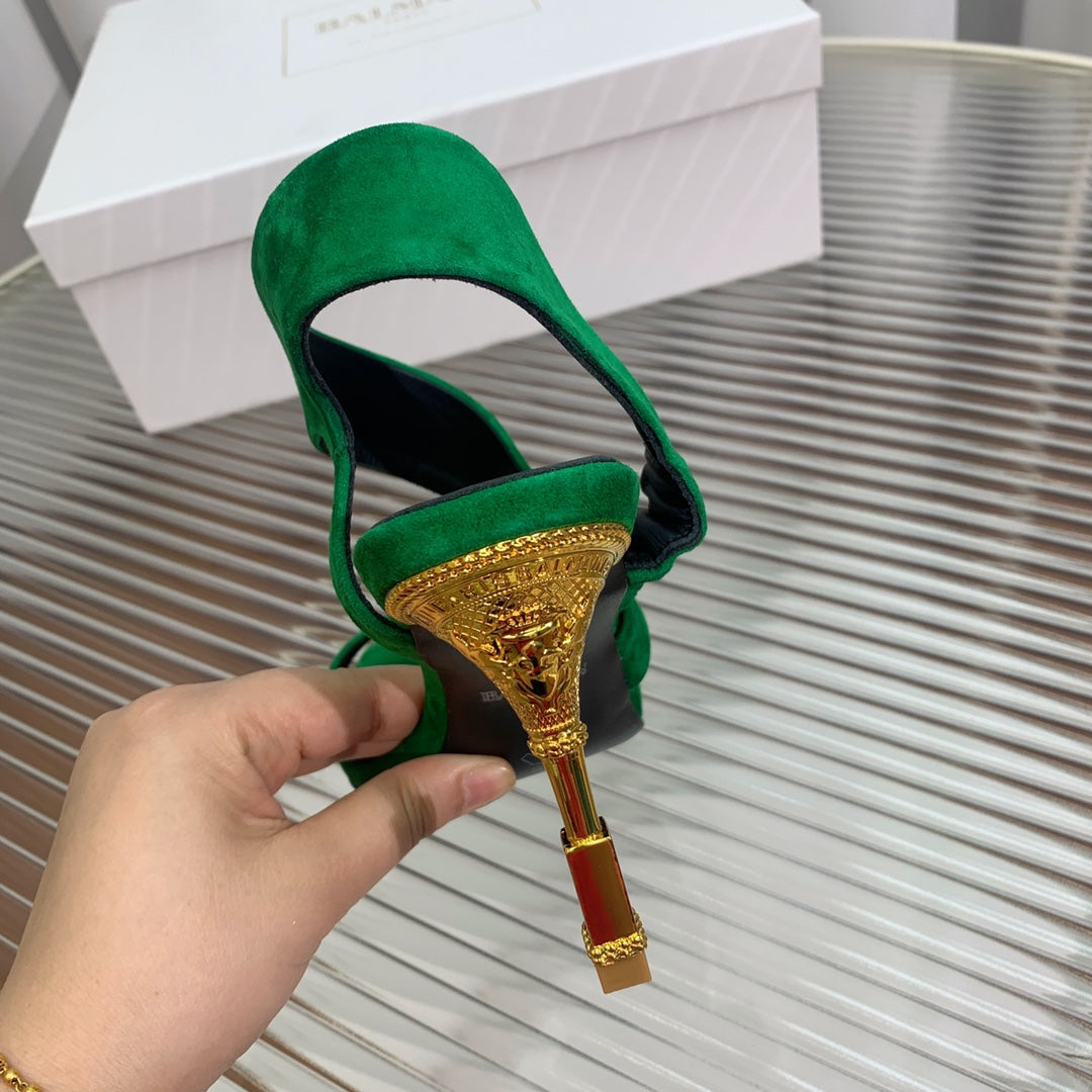 BALMAIN 25S HIGH HEEL SANDALS 95MM IN DARK GREEN SUEDE