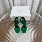 BALMAIN 25S HIGH HEEL SANDALS 95MM IN DARK GREEN SUEDE