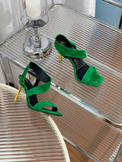 BALMAIN 25S HIGH HEEL SANDALS 95MM IN DARK GREEN SUEDE