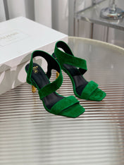 BALMAIN 25S HIGH HEEL SANDALS 95MM IN DARK GREEN SUEDE