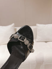 BALENCIAGA 25S HIGH-HEEL SANDALS IN BLACK COW LEATHER WITH RHINESTONE STRAP