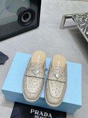 PRA OSTRICH PATTERN MULES CREAMY WHITE CALFSKIN