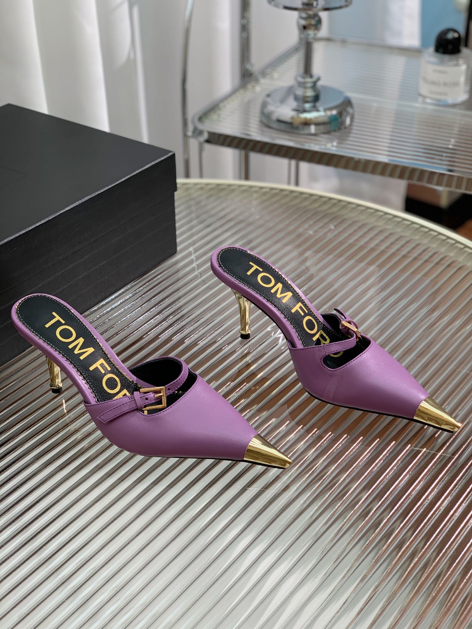 HIGH PUMP MULE 7 CM IN IRIS PURPLE CALFSKIN