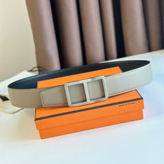 HM  BELT BUCKLE & REVERSIBLE GREY PASTEL AND BLACK LEATHER STRAP 38MM SILVER HARDWARE