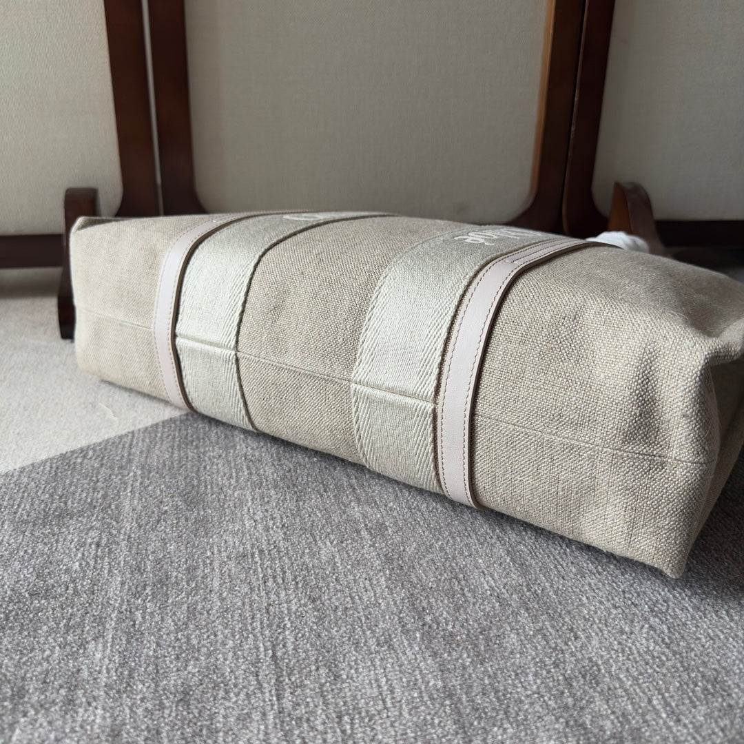 LAGRE WOODY TOTE BAG 45 IN BEIGE LINEN CANVAS WEBBING LOGO EMBROIDER COTTON WHITE CALFSKIN