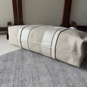 LAGRE WOODY TOTE BAG 45 IN BEIGE LINEN CANVAS WEBBING LOGO EMBROIDER COTTON WHITE CALFSKIN