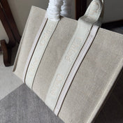 LAGRE WOODY TOTE BAG 45 IN BEIGE LINEN CANVAS WEBBING LOGO EMBROIDER COTTON WHITE CALFSKIN