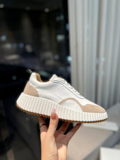 NAMA SNEAKER IN WHITE LAMBSKIN AND TAN BROWN SUEDE