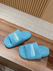 FURRY SLIDES IN SKY BLUE CURLY SHEARLING