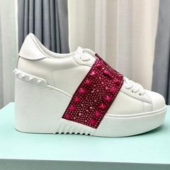 FLATFORM ROCKSTUD UNTITLED SNEAKER IN WHITE MIX MAGENTA PURPLE CALFSKIN WITH RHINSTONES