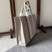 LAGRE WOODY TOTE BAG 45 IN BEIGE LINEN CANVAS WEBBING LOGO EMBROIDERY BROWN CALFSKIN