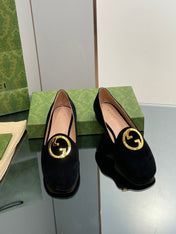 BLONDIE LOGO-PLAQUE LOAFERS IN BLACK SUEDE WITH GOLD HARDWARE
