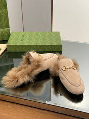 HORSEBIT MULE IN TAN BROWN SUEDE AND LAMB WOOL LINING