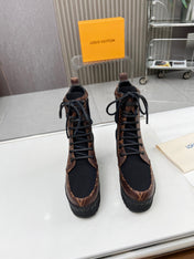 LAUREATE PLATFORM DESERT BOOT IN BLACK JACQUARD AND CHOCOLATE BROWN CALFSKIN