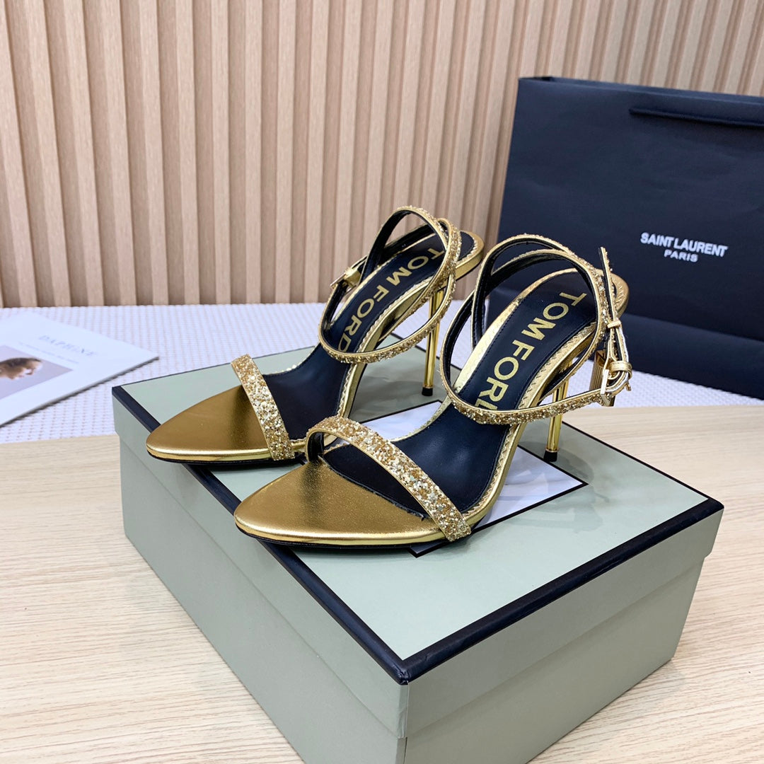 CRYSTAL PADLOCK HIGH HEEL 10 CM SANDAL IN GOLD SHEEPSKIN