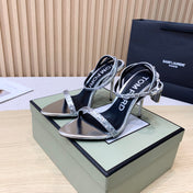 CRYSTAL PADLOCK HIGH HEEL 10 CM SANDAL IN SILVER SHEEPSKIN