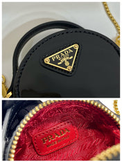 MINI ROUND BAG 8 IN BLACK GLOSSY CALFSKIN GOLD HARDWARE