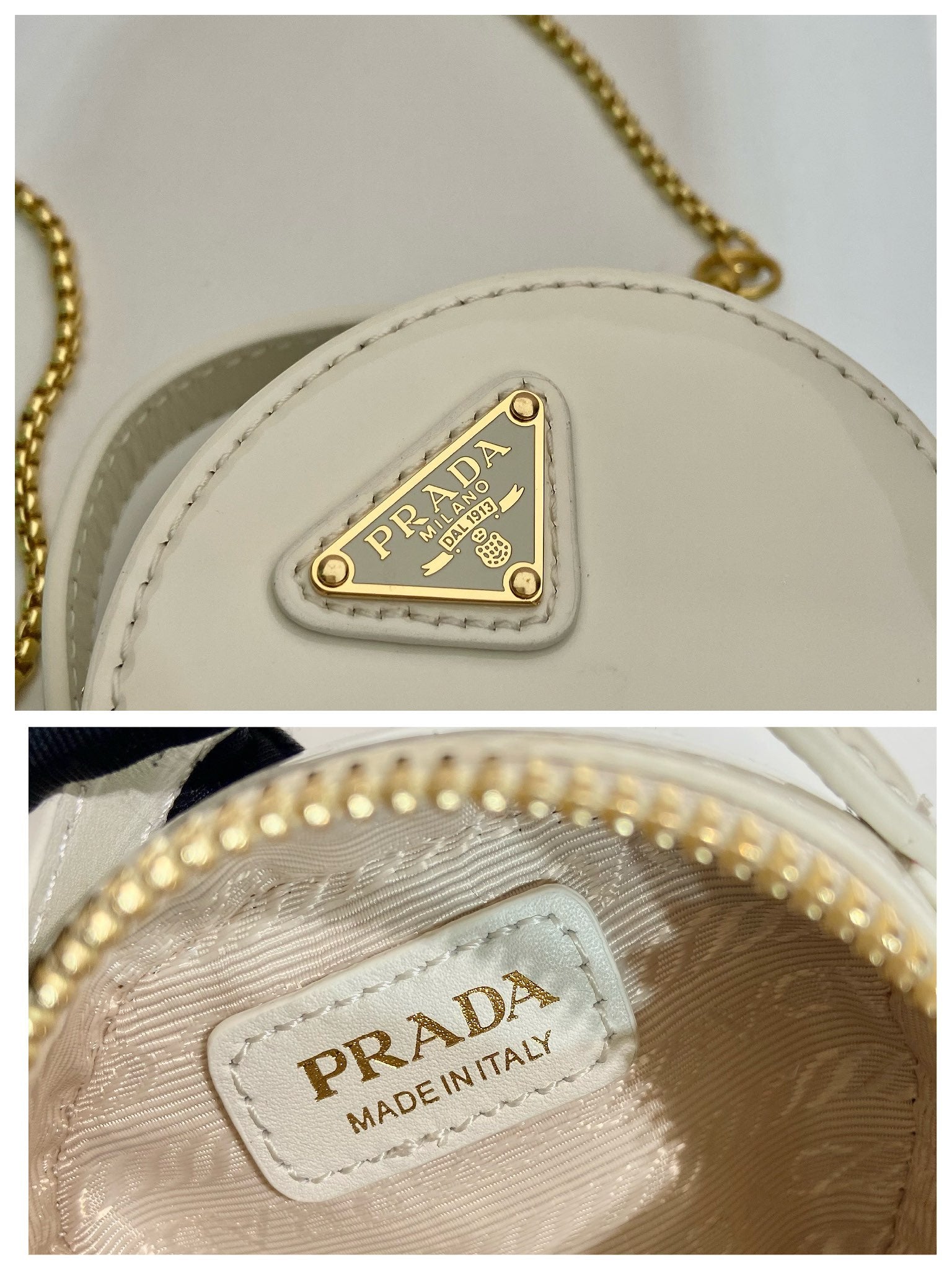 MINI ROUND BAG 8 IN WHITE GLOSSY CALFSKIN GOLD HARDWARE
