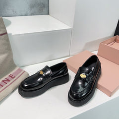 Thick-Soled Loafers Shoes Black Cowhide