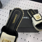 Double CC Women New Trendy Calfskin Slippers White Black